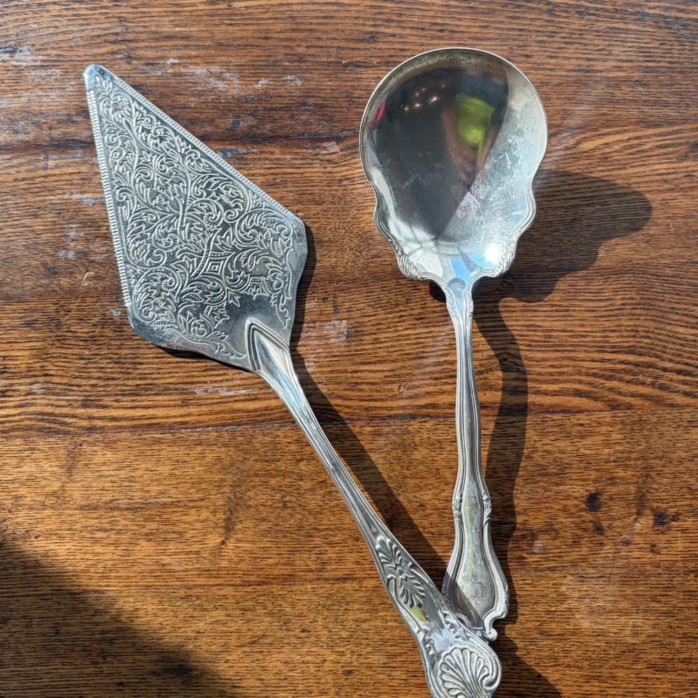 Vintage Silver Plated Ornate Etched Cake Server and Scalloped Serving Spoon Set